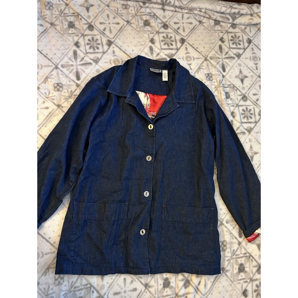 Vintage 90s Chico’s Design Denim Chore Jacket Asian Geisha Satin Lined Size 2 L